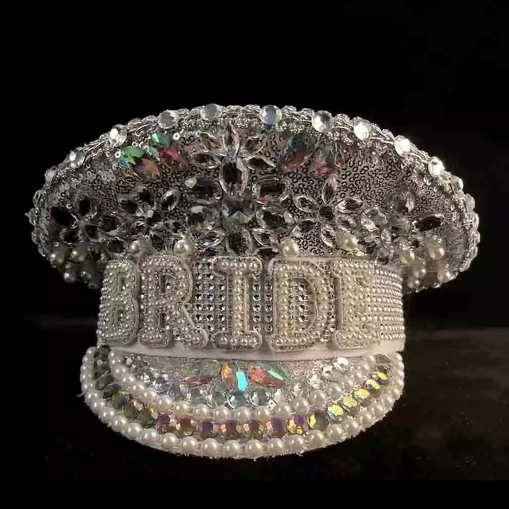 Handmade Women Sequin Military style Hat Rhinestone Bride